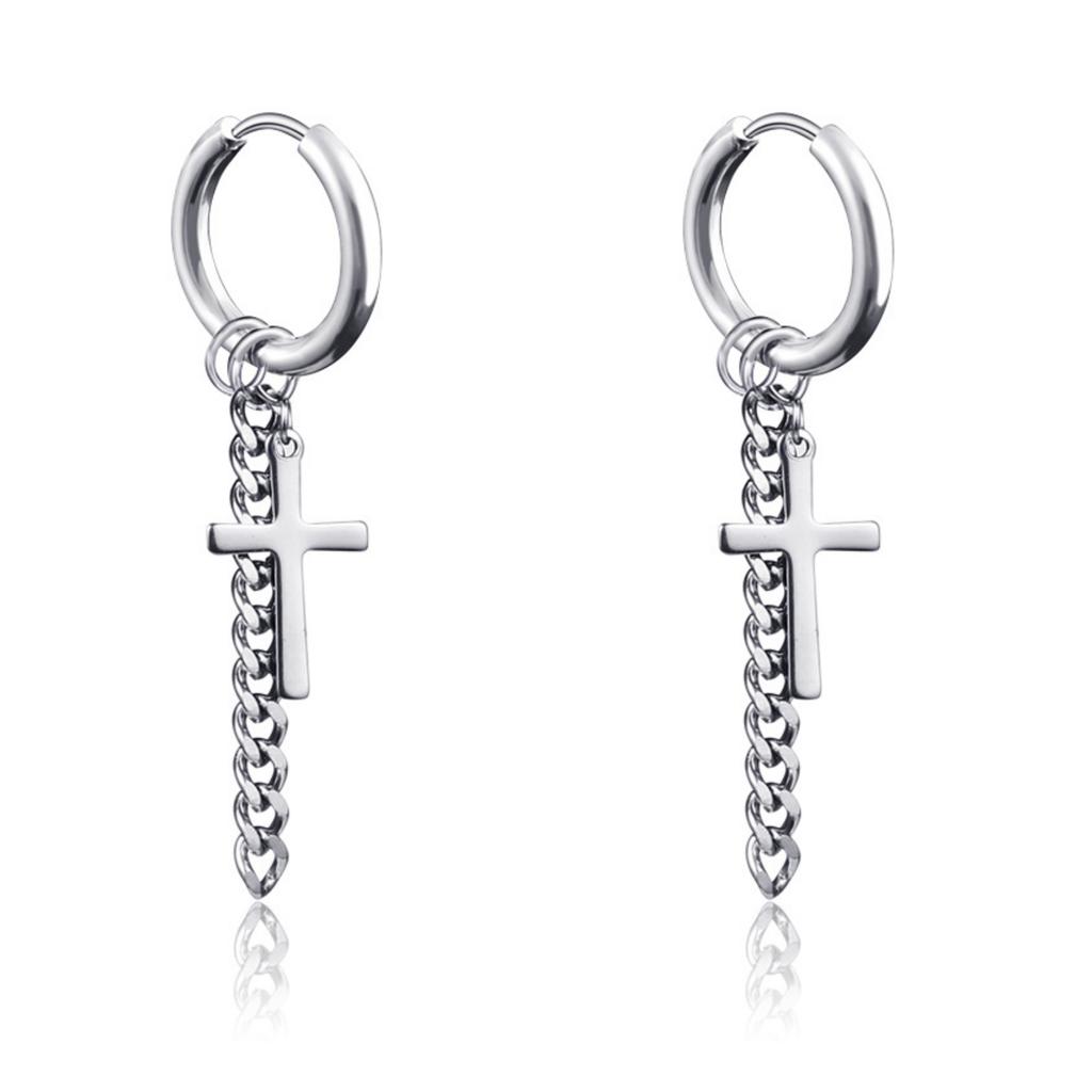 Punk Cross Chain Rock Men Women Hip-hop Black Stainless Steel Tragus Piercing Hoop Street Pop Earring Guys Accessories Jewelry