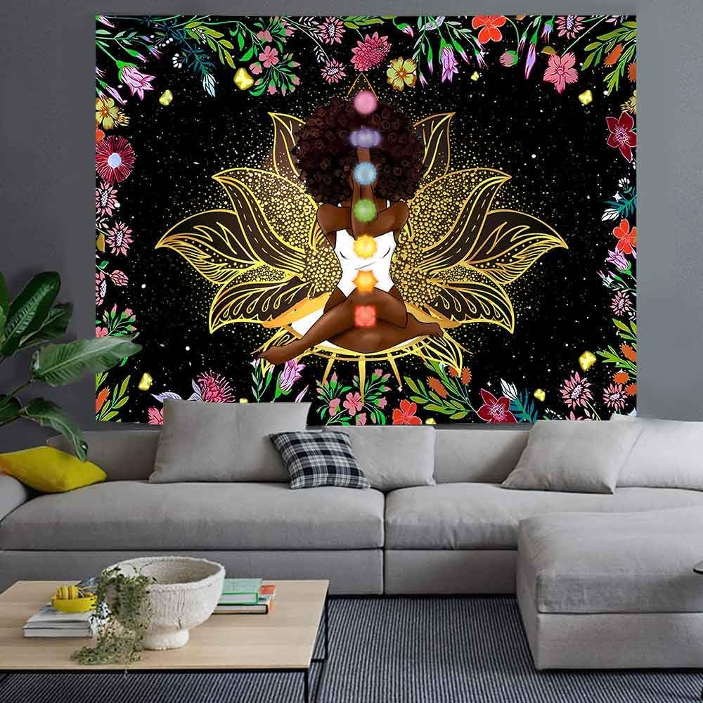 African Tapestry African American Woman Zen Meditation Tapestries Starry Sky Flower Garden Inspirational Afro Yoga Wall Poster