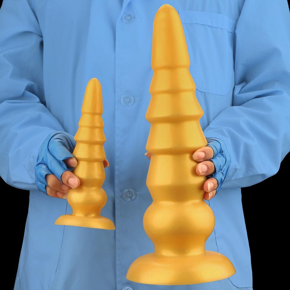 Extra velký zlatý žebrovaný silikonový anální kolík Velký penis Realistické dildo Hračka Pěstování Obrovský penis
