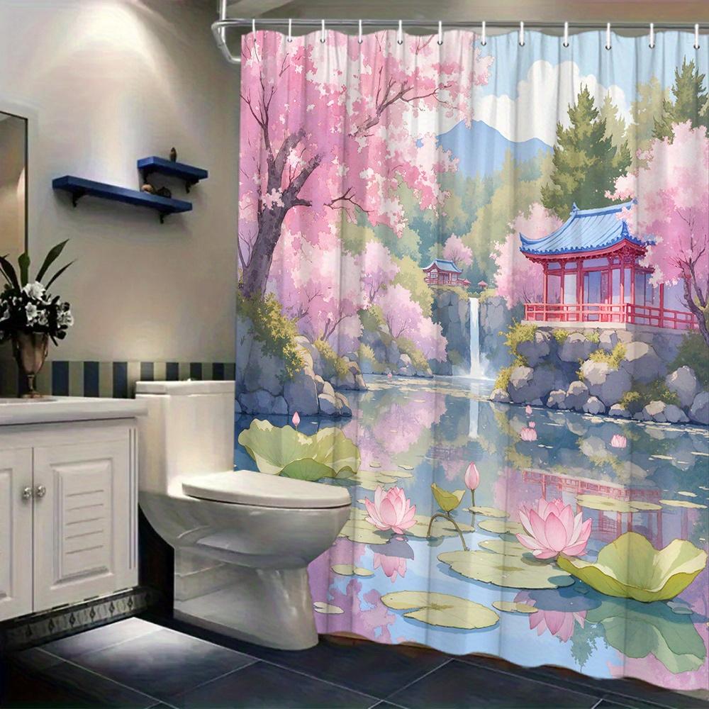 Exquisite Fashion Items 1Pc Shower Curtain - Idyllic Japanese Garden With Cherry Blossoms, Pagodas, And Lotus Ponds, Perfect For Bathroom Decoration