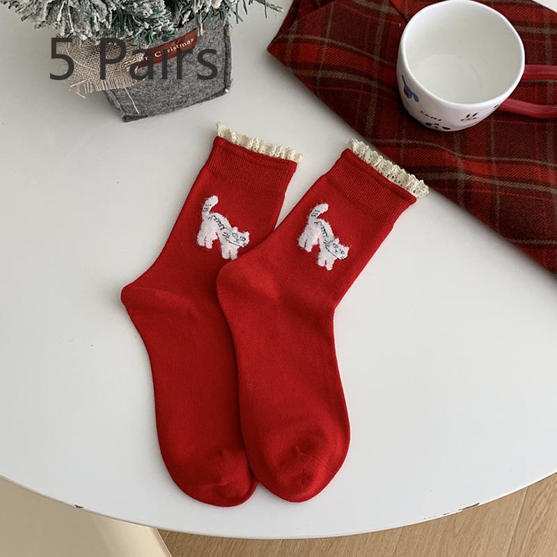 5 Pairs of Female Autumn and Winter Animal Red Mid Tube Stocking