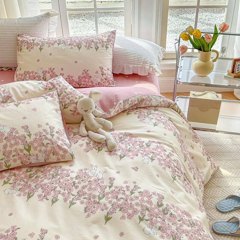 Garden Pink Flowers Pattern Duvet Cover Set 3Pcs Cute Rabbit Printed 100% Cotton Soft Comfortable Comforter Cover Bedding Set