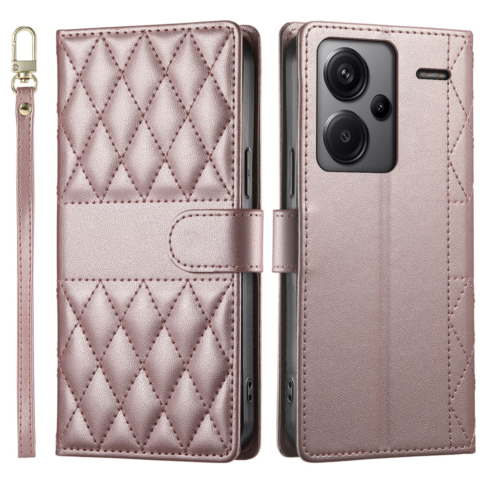 

Чохол для Xiaomi Redmi Note 13 Pro+ 5G з ромбоподібною прошивкою, гаманець-підставка, шкіряна кришка для телефону з довгим/коротким ремінцем Rose Gold