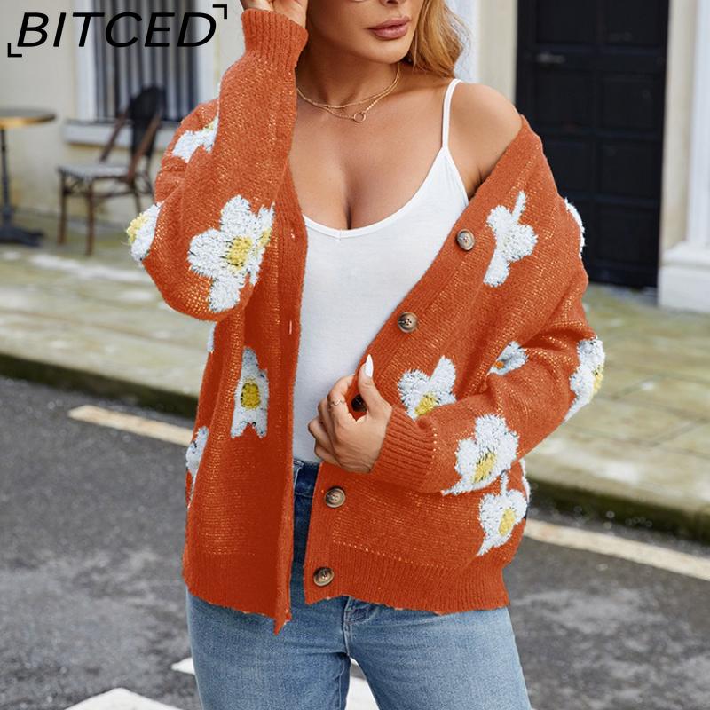 BITCED Damen 3D Floral V-Ausschnitt Strick-Cardigan Herbst/Winter Lässige Strickjacke mit entspannter Passform
