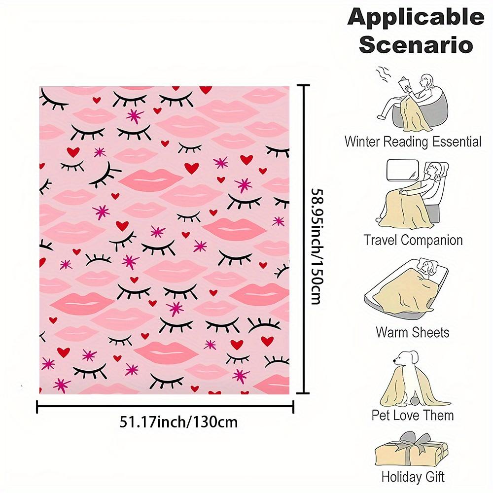 Pink Lipstick Heart Blanket Reversible Flannel Throw for Glam Lovers AllSeason Comfort Feminine Chic Gift Size: 75*100cm, Weight: 230 GSM