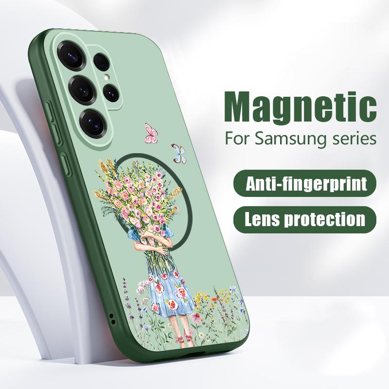 Cartoon Flower Girl Pattern Case For Samsung Galaxy S26 Ultra S25 Edge S24 Plus S23 FE S22 A54 A55 A56 5G Magnetic For Magsafe Matte Cover