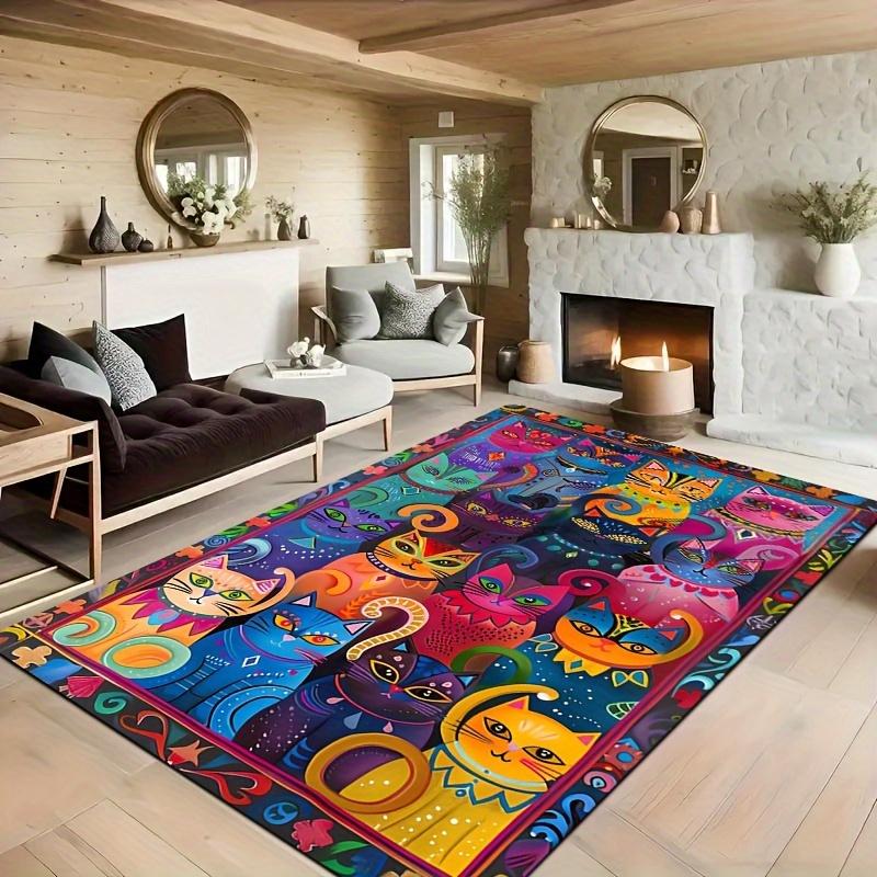 Soft Plush Cat Print Rug - Colorful Non-Slip Mat for Kitchen Living Room Bedroom, Thick Indoor Home Decor Carpet