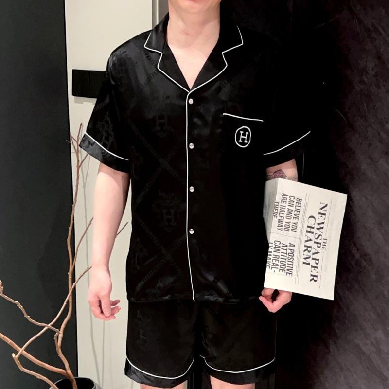Summer New Short-sleeved Ice Silk Thin Short-sleeved Couple Pajamas Women's High-end Black Men's Large-size Loungewear