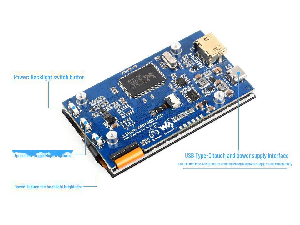 3,5-Zoll Raspberry Pi HDMI IPS Touchscreen, 480x800, Einstellbare Helligkeit
