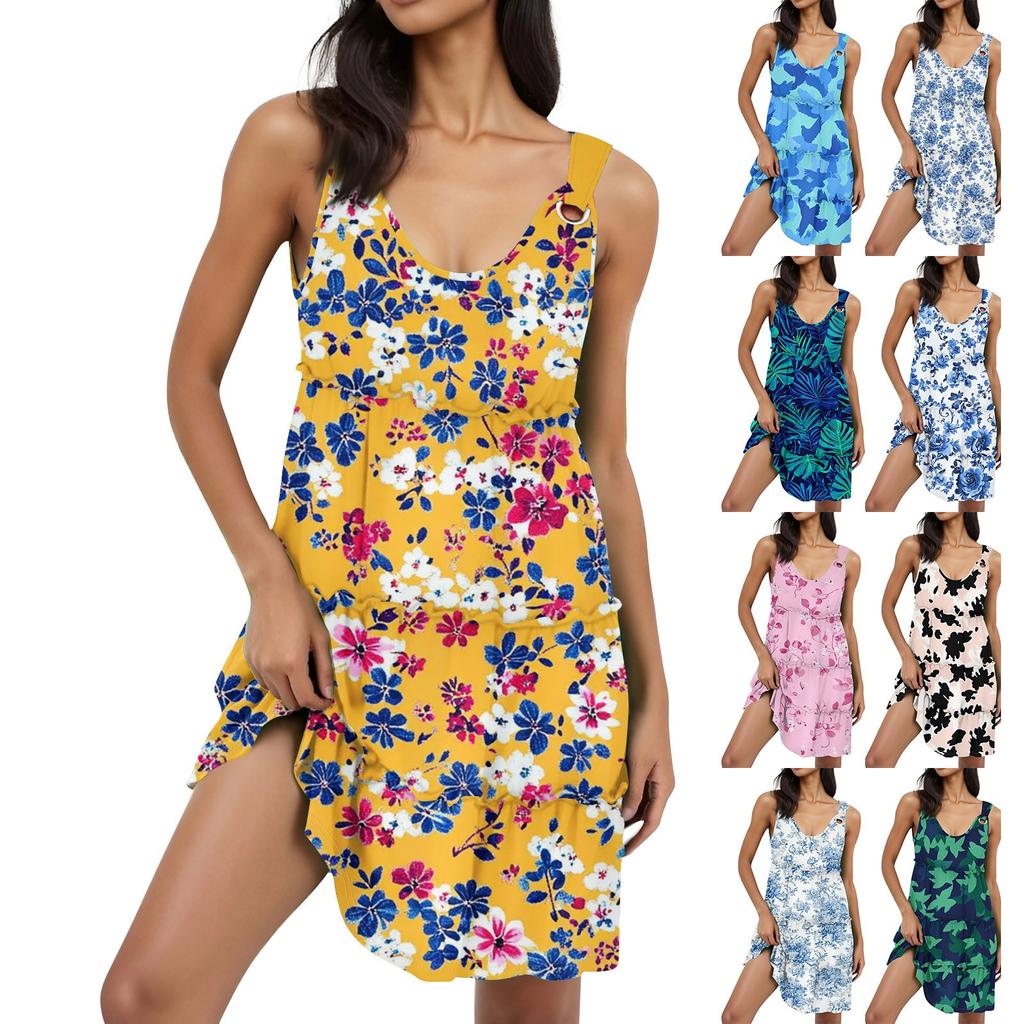 Women's Casual Fashion Bohemian Floral Print Beach Sleeveless Dress