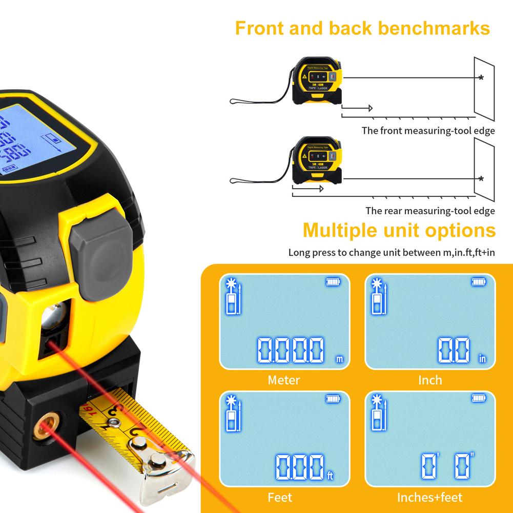 60M 40M 3 In 1 Laser Tape Measure High-Precision Infrared Distance Meter Electronic Ruler Cross Line Measuring Instrument Device