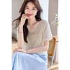 Thin high-end V-neck linen short sleeved knitted shirt, summer new casual T-shirt, pullover top, versatile women's clothing