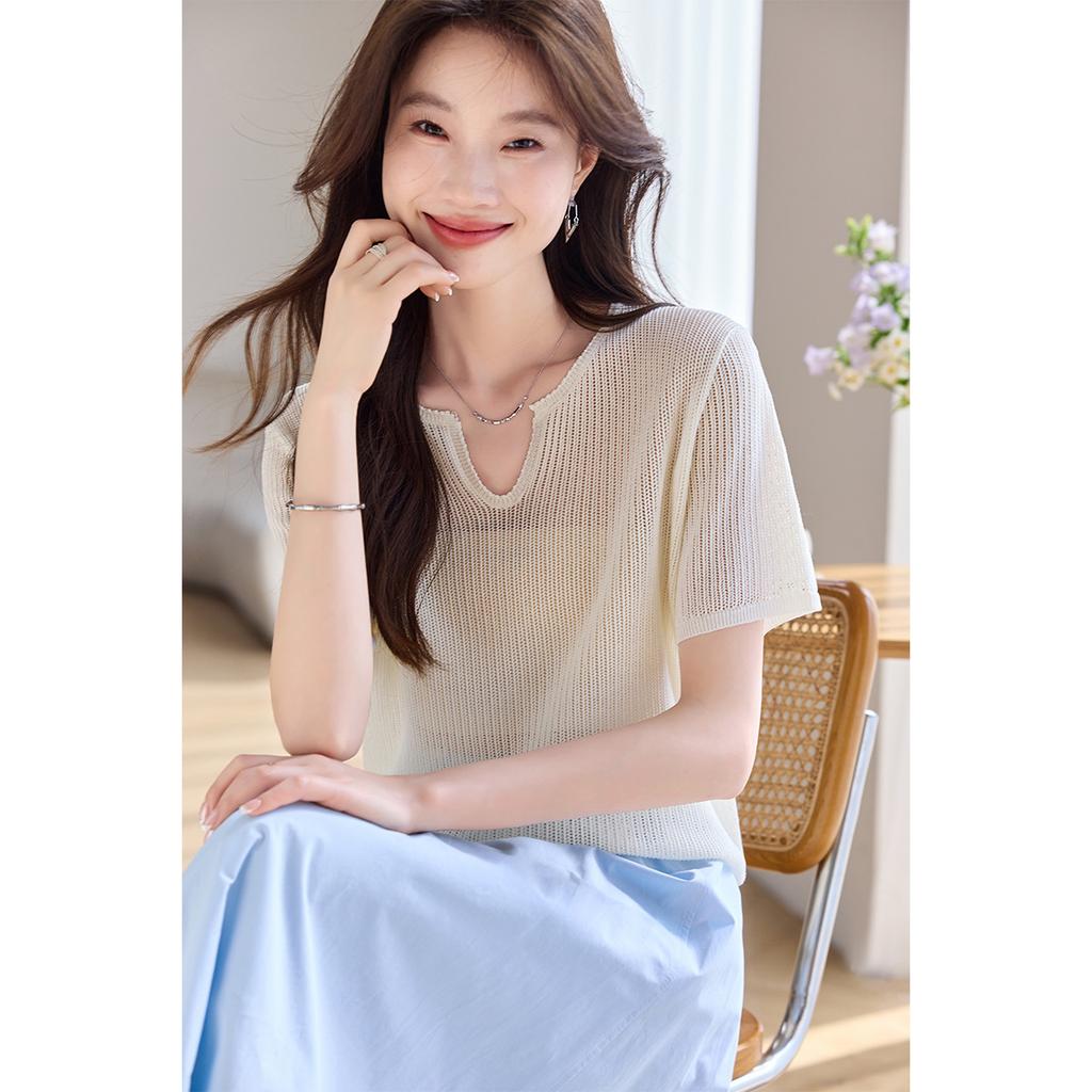 Thin high-end V-neck linen short sleeved knitted shirt, summer new casual T-shirt, pullover top, versatile women's clothing