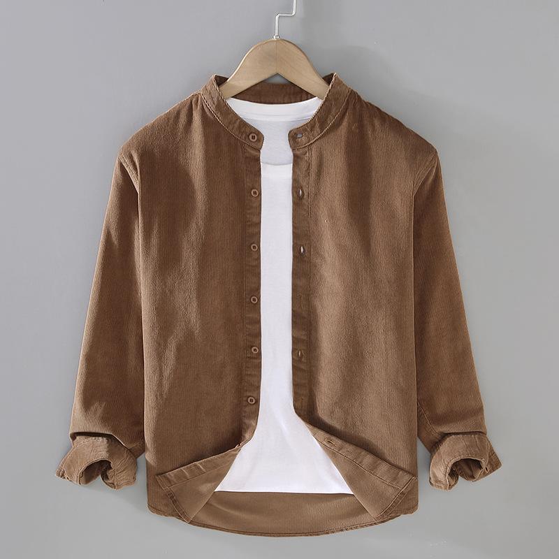 

Мужская повседневная рубашка в японском стиле вельвета в стиле ретро, осенняя повседневная рубашка из чистого хлопка с воротником-стойкой, однотонная приталенная рубашка с длинным рукавом M хаки