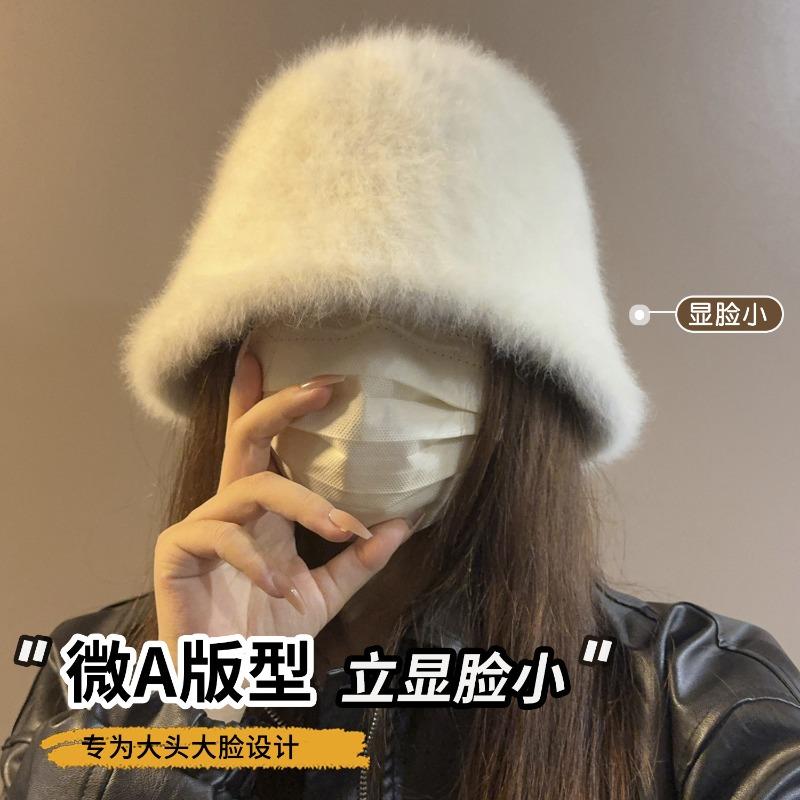 Rabbit Fur Hat Female Winter Big Head Circumference Bucket Hat Showing Face Small Plush Hat Warm Fluffy Bucket Hat