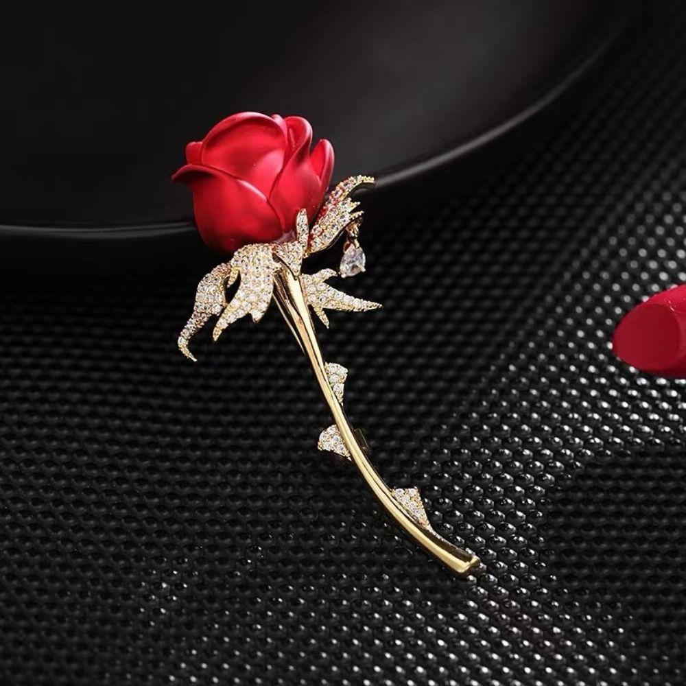 Floral Brooches Rose Brooch Pin Rose Brooch Pin Red Cubic Zirconia Floral Brooches  Womens Suit