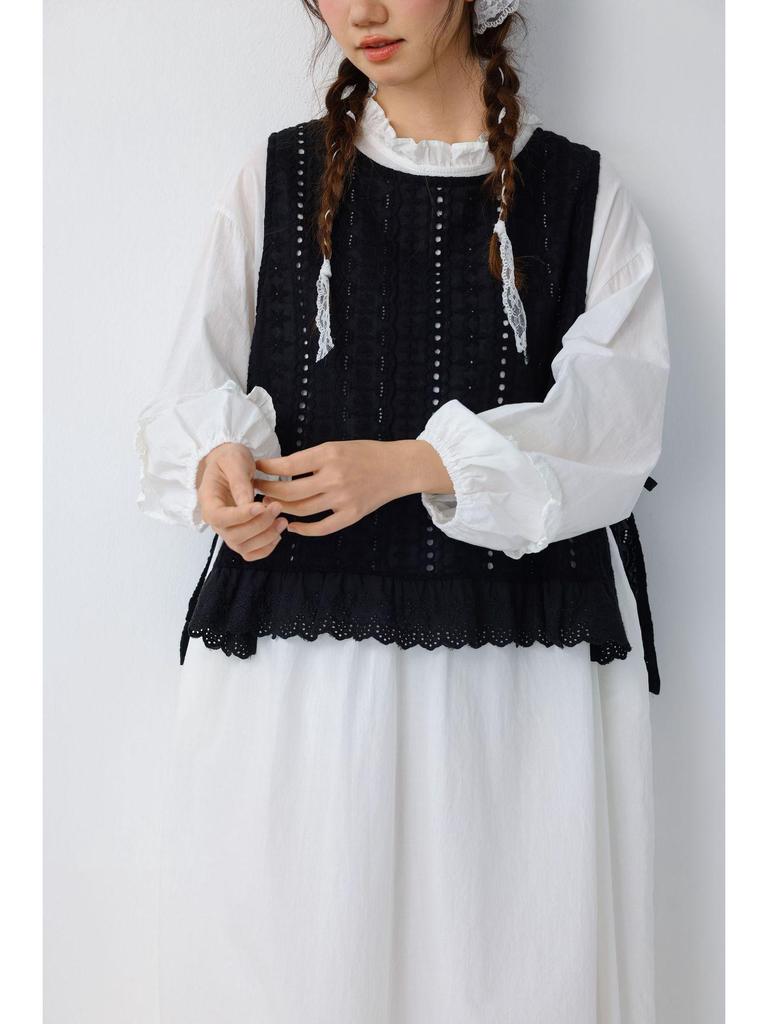 Women's Japanese Embroidered Cotton Lace Camisole Vest with Side Slits