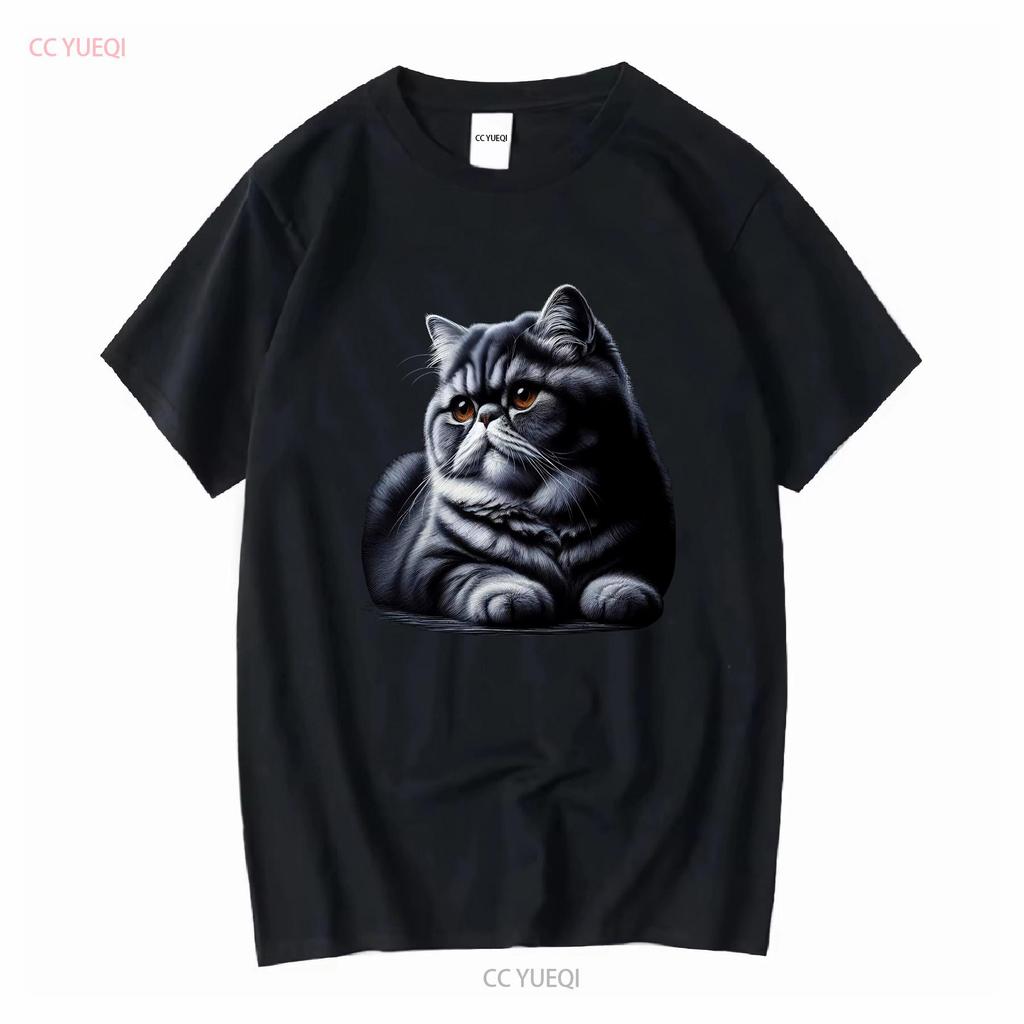 Kot egzotyczny krótkowłosy Damski T-shirt Uroczy vintage Prane ubrania projektanckie Miękki Casual Stylowy graficzny Oddychający streetwear