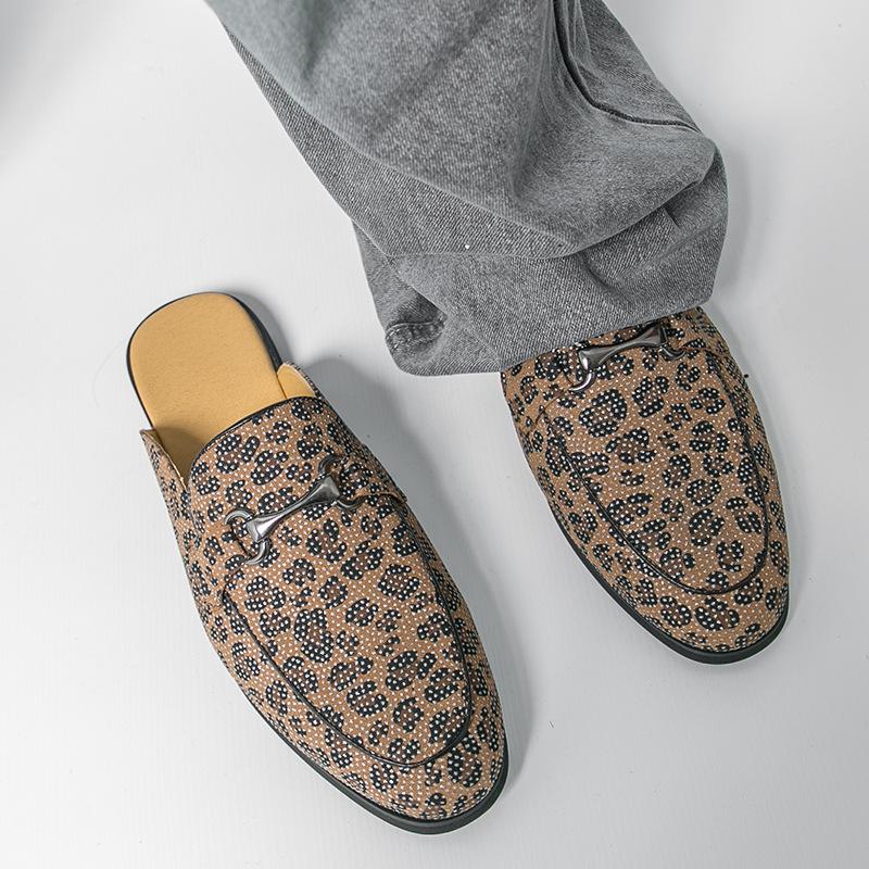 Men's Leopard Print Closed-Toe Backless Leather Slippers - Korean Style Versatile Summer Shoes