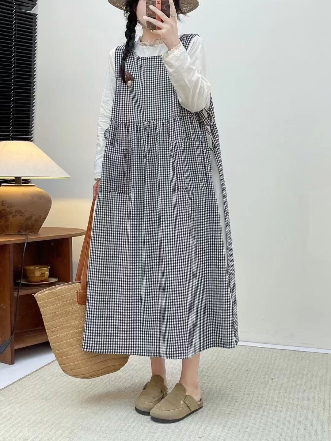 

Johnature Японское Лесное Платье в Клетку Весна Ретро Свободное Универсальное Многослойное На шнуровке С разрезом Накидка Женские Платья One Size чёрный