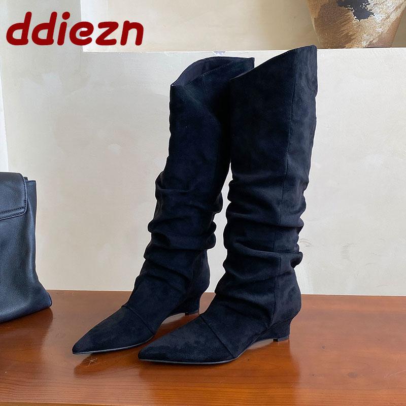 Mode Moderne Damen Kniehohe Stiefel Damen Keilschuhe Mode Slip-On Damen Lange Chelsea Stiefel Mit Keilschuhen Winter Herbst