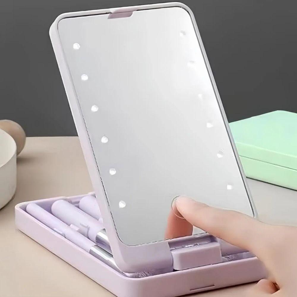 Rotatable Mirror Travel Makeup Brush with Light Adjustable Brightness with 5pcs Brush LED Makeup Mirror Brush Set Foldable