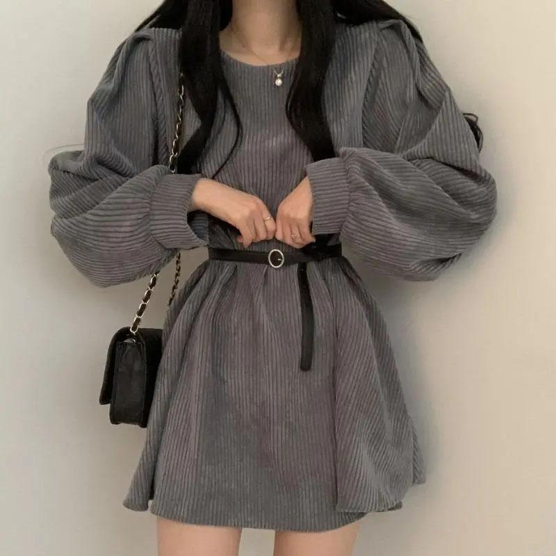 

Вельветовые платья с поясом, женские, корейские, элегантные, с рукавами-фонариками, повседневные, А-силуэт, мини-платье, Harajuku, элегантное, универсальное, однотонное платье M серый
