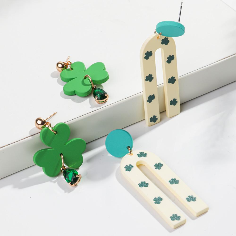 New Trendy Saint Patrick's Acrylic Earring for Women Fashion Green Leaf Geometric Long Drop Earrings Statement Jewelry Gift