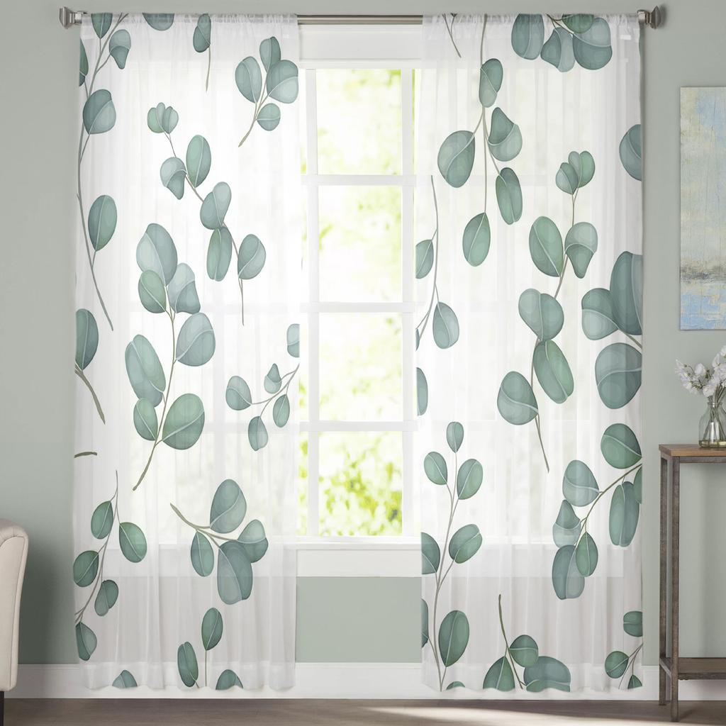 Summer Eucalyptus Leaves Watercolor Sheer Window Curtains For Living Room Kitchen Children Bedroom Voile Hanging Curtain