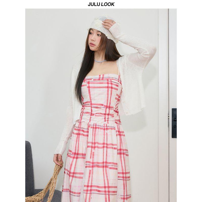 

Julu Studio July Summer Blowing Slightly Oversized Girls Lace Patchwork Plaid Strapless Dress Plus Size Dress White Cardigan M