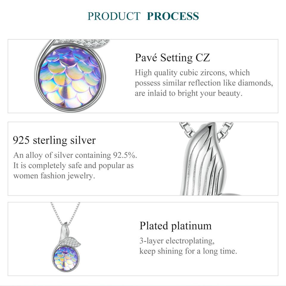 BAMOER 925 Sterling Silver Mermaid Fishtail Pendant Necklace Colorful Fish Scales Neck Chain for Women Fine Jewelry Gift