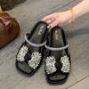 Temperament Rhinestone Bow with Slippers 2025 New Summer Flat Bottom Low Heel Women's Beautiful Outer Sandals