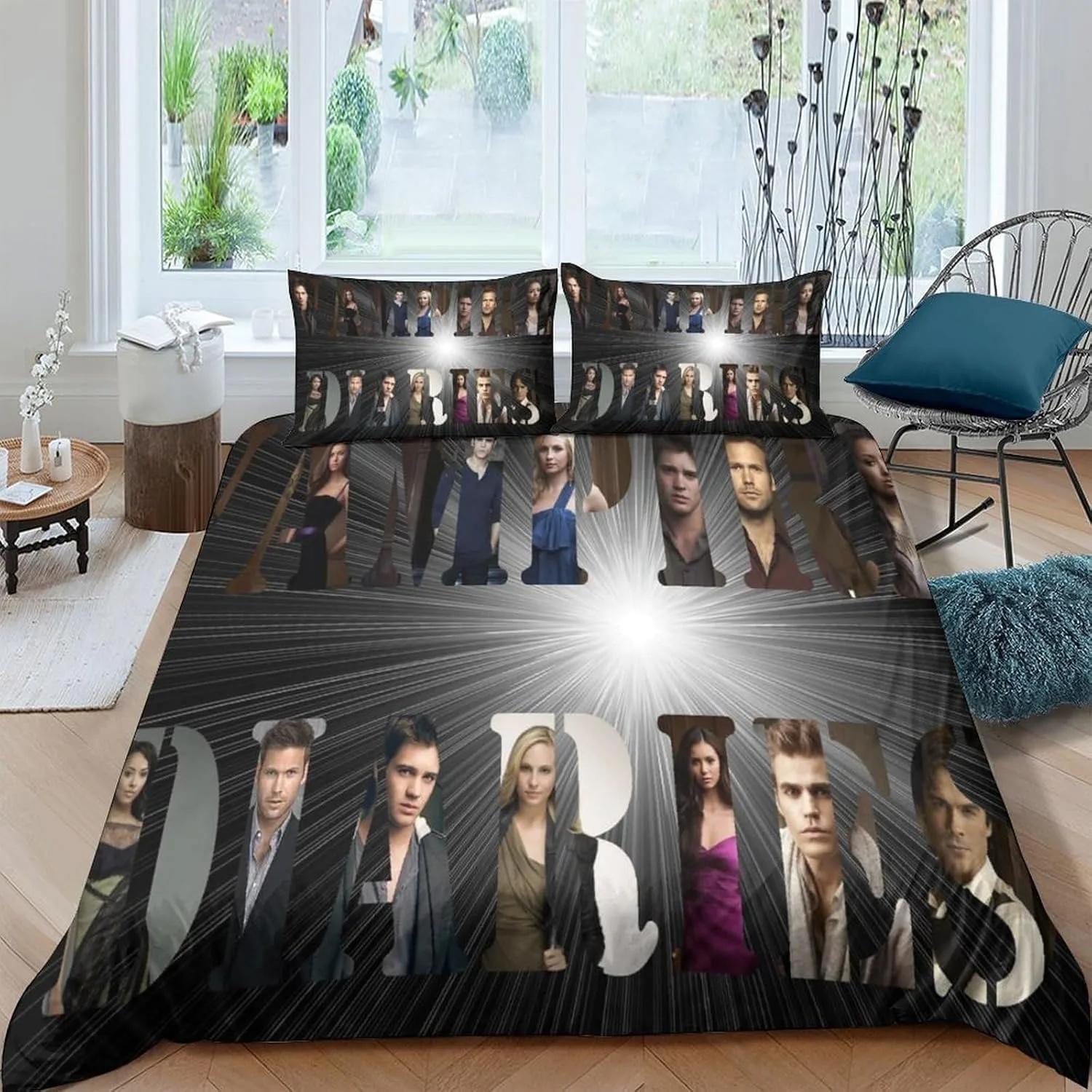 Ensembles de literie pour ventilateur d'horreur vampire 3D pour enfants 2 pièces Housse de couette douce en microfibre pour adultes, Ensemble couette de lit D/Amon Salvatore 100×135cm&Duvet Cover