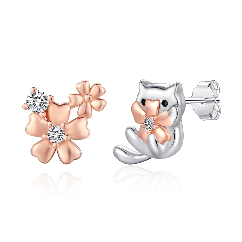 

StoryMidir cat earrings cute Compatible with metal allergies silver 925 cute earrings cat stud earrings ladies animal pink gold plated asymmetrical