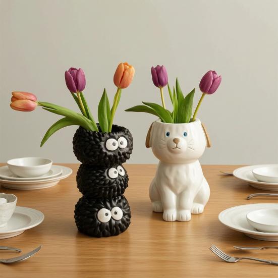 Cute Pet Shaped Flower Vase, Decorative Small Cat/Dog Resin Vase for Living Room, Bookshelf, Dining Table, Kitchen Decor