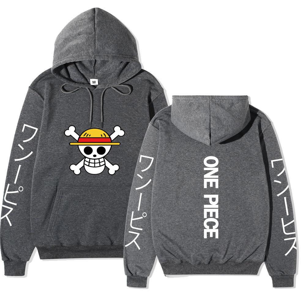 One Piece Straw Hat Jolly Roger Hoodie, Japanese Letter Sleeve Print Pullover Sweatshirt Unisex Casual Streetwear