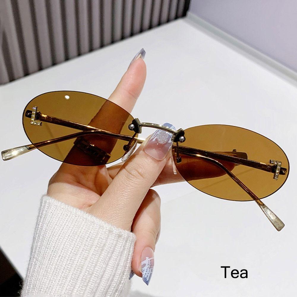 

UV400 Protection Oval Sunglasses Letter Decor Metal Shades for Women & Men Tea