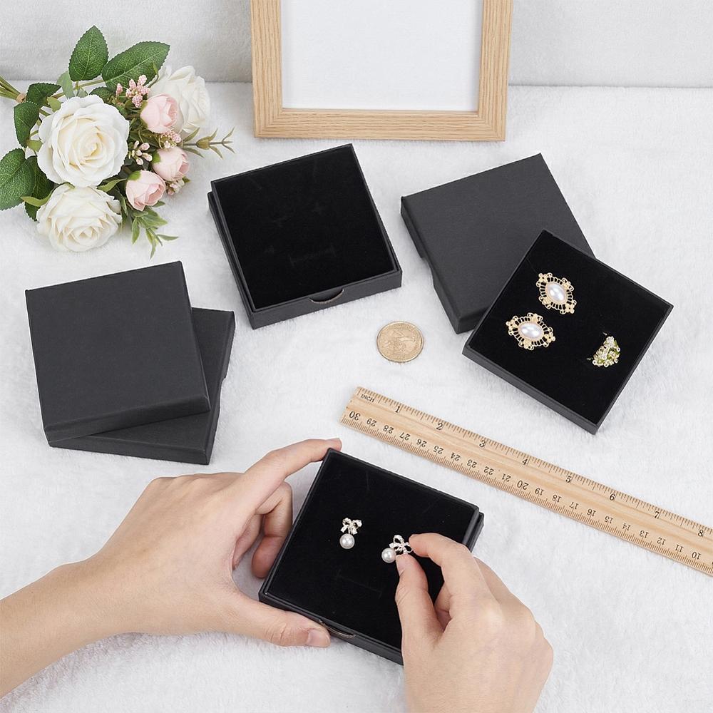 6Pcs Paper Jewelry Set Gift Packing Boxes with Sponge Inside for Earrings Necklaces Square Black 9x9x1.6cm