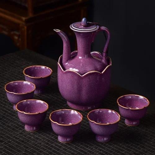 Chinese liquor glass set household spirit glass wine set ceramic jug Qingru kiln wine glass warm jug