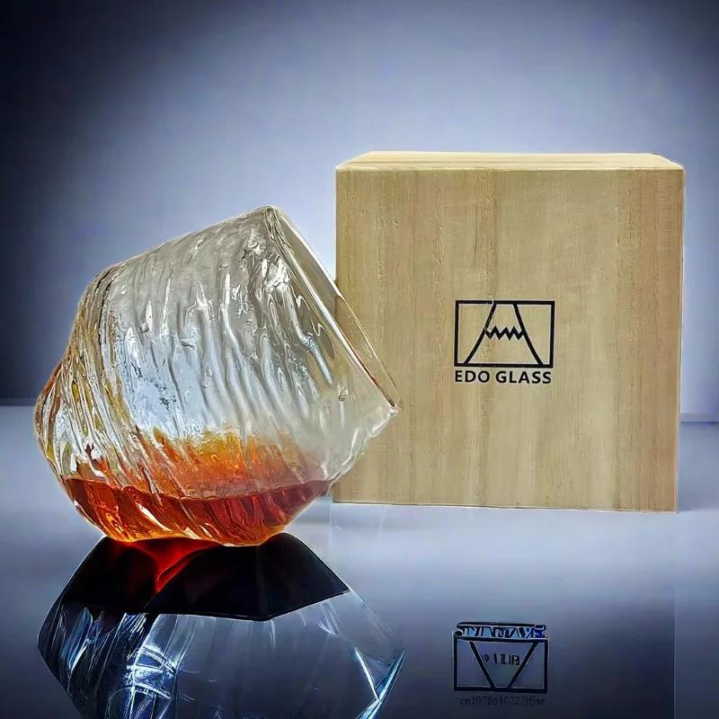 Japanese 3D Glacier Mountain Whiskey Glass Set - Old Fashioned & Rock Glasses with Wooden Gift Box for Whisky, Vodka, Wine