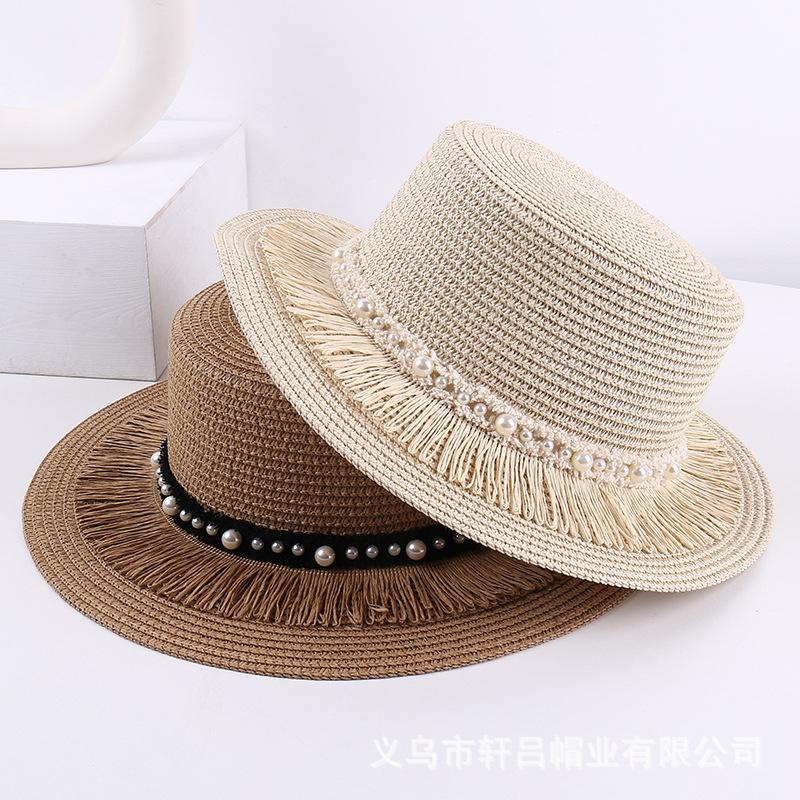 Fluffy Tassel Pearl Flat Top Straw Hat Women Summer Sun Hat British Style Outdoor Beach Cap