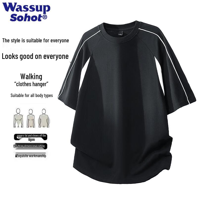 Wassup Sohot Men s Spliced Striped Cotton Short Sleeve T-Shirt M чёрный