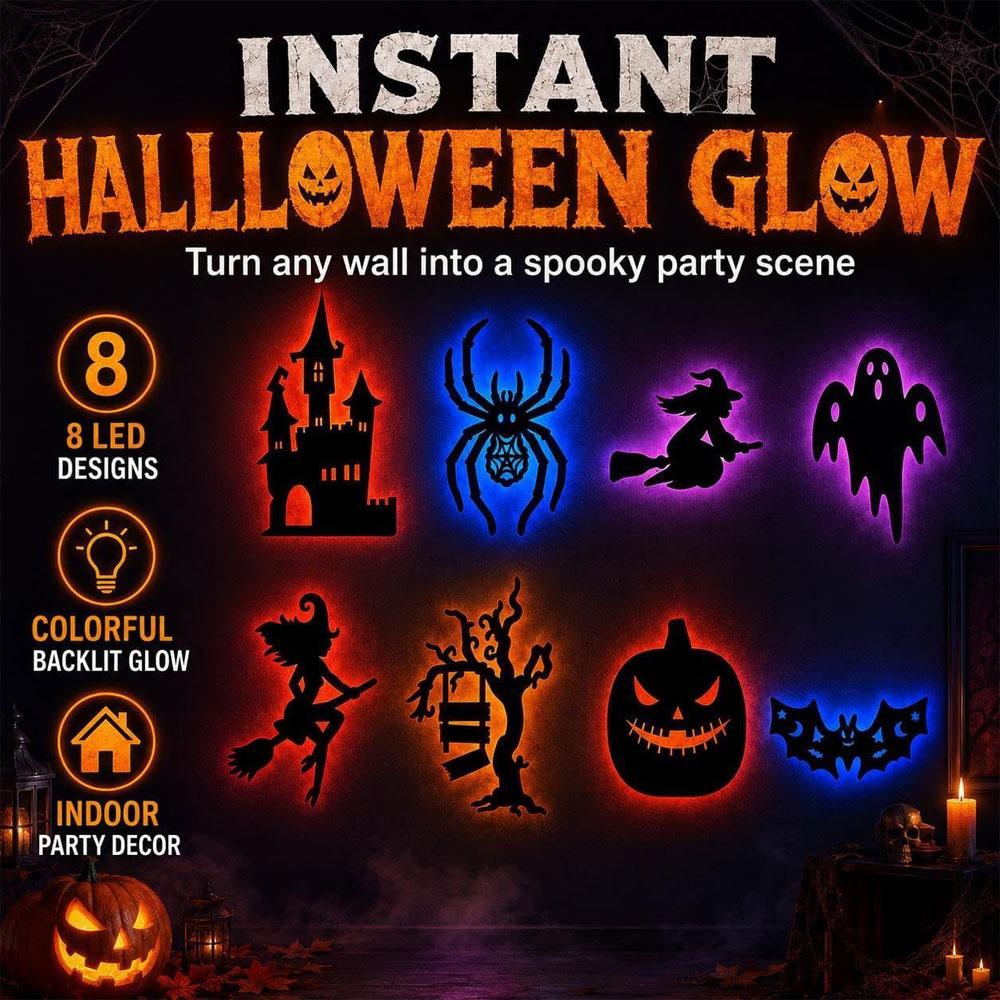 8PCS Halloween LED-Silhouette Wall Light Stickers Glow-In-The-Dark Bats Spiders Wall Decor Spookys Pumpkins Spiders Tree Decor
