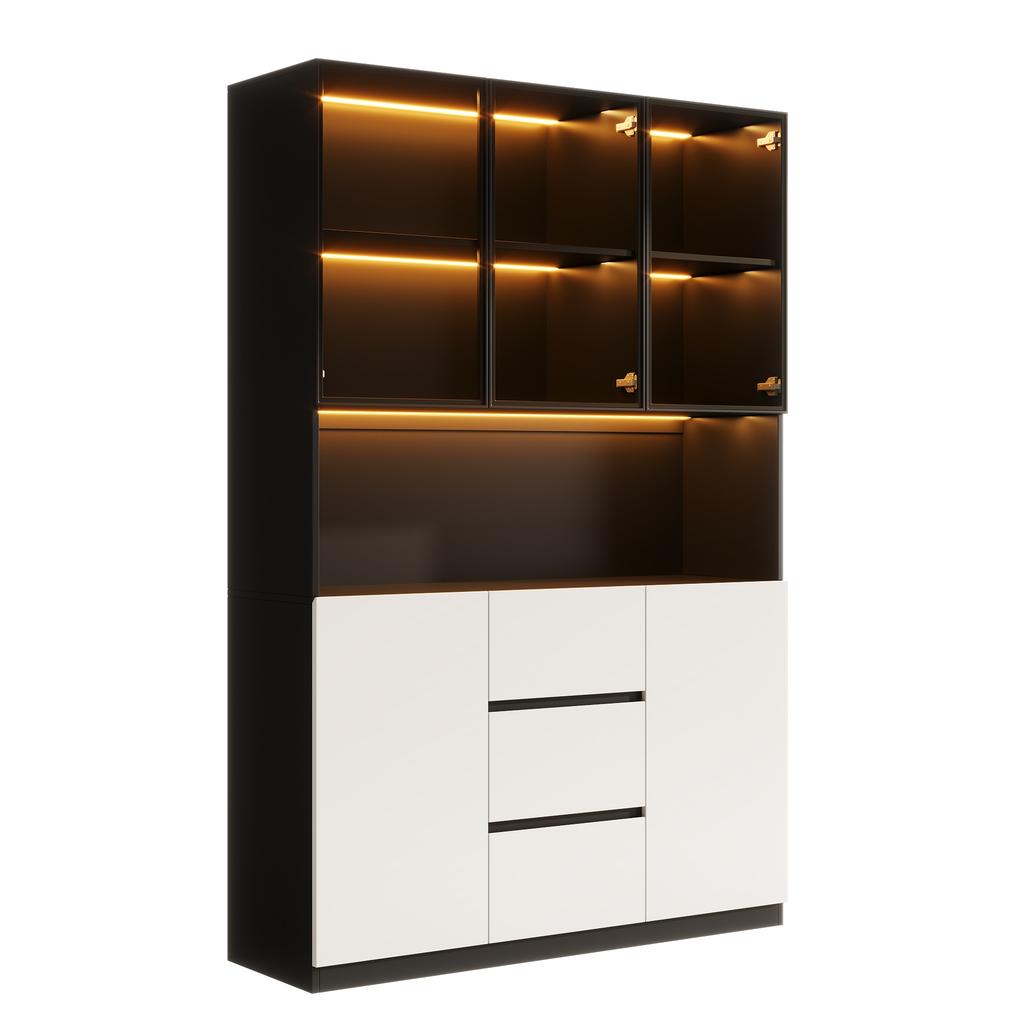 LED-beleuchteter Glasvitrinenschrank 120×40×200 cm – Gehärtetes Glas mit Regalen, Drei Schubladen und Zwei Türen, Vielseitig für Wohn- und Esszimmer.
