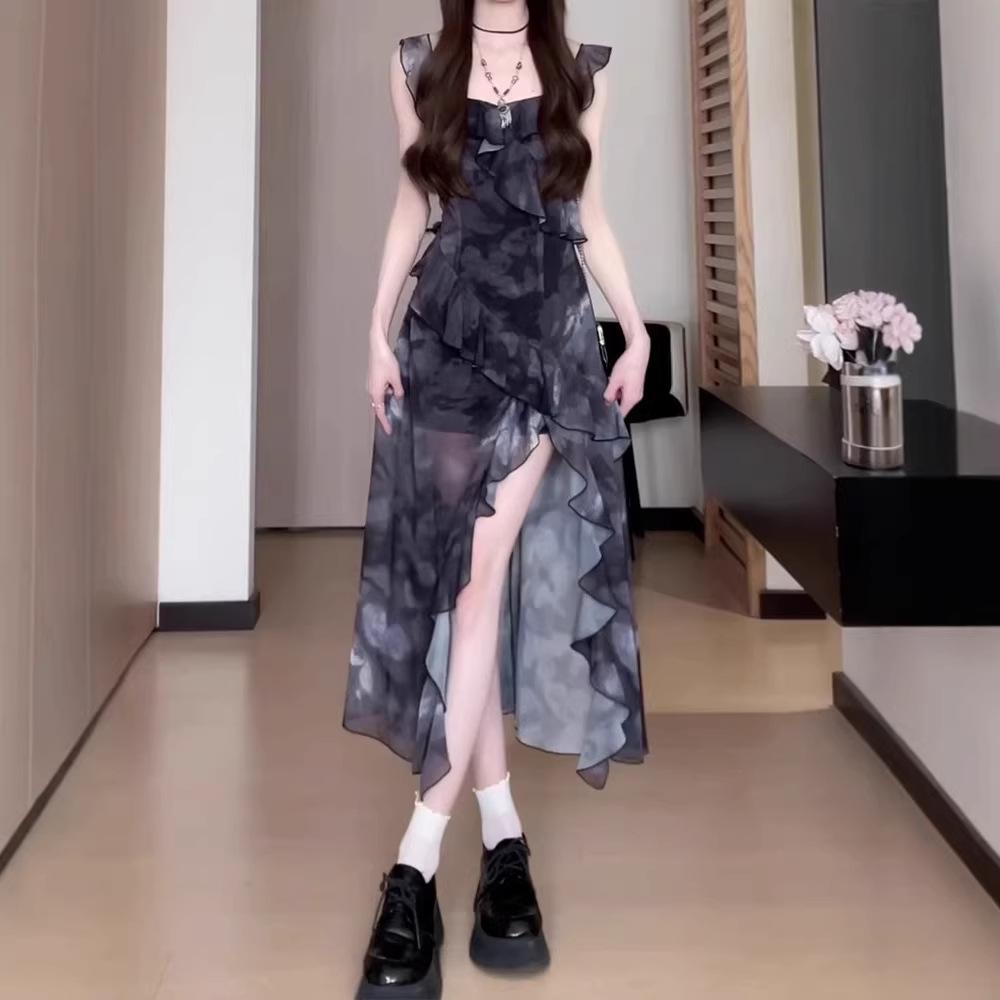 Temperament Wear Black Floral Suspender Dress Children's Summer New French Irregular Split Long Dress Set