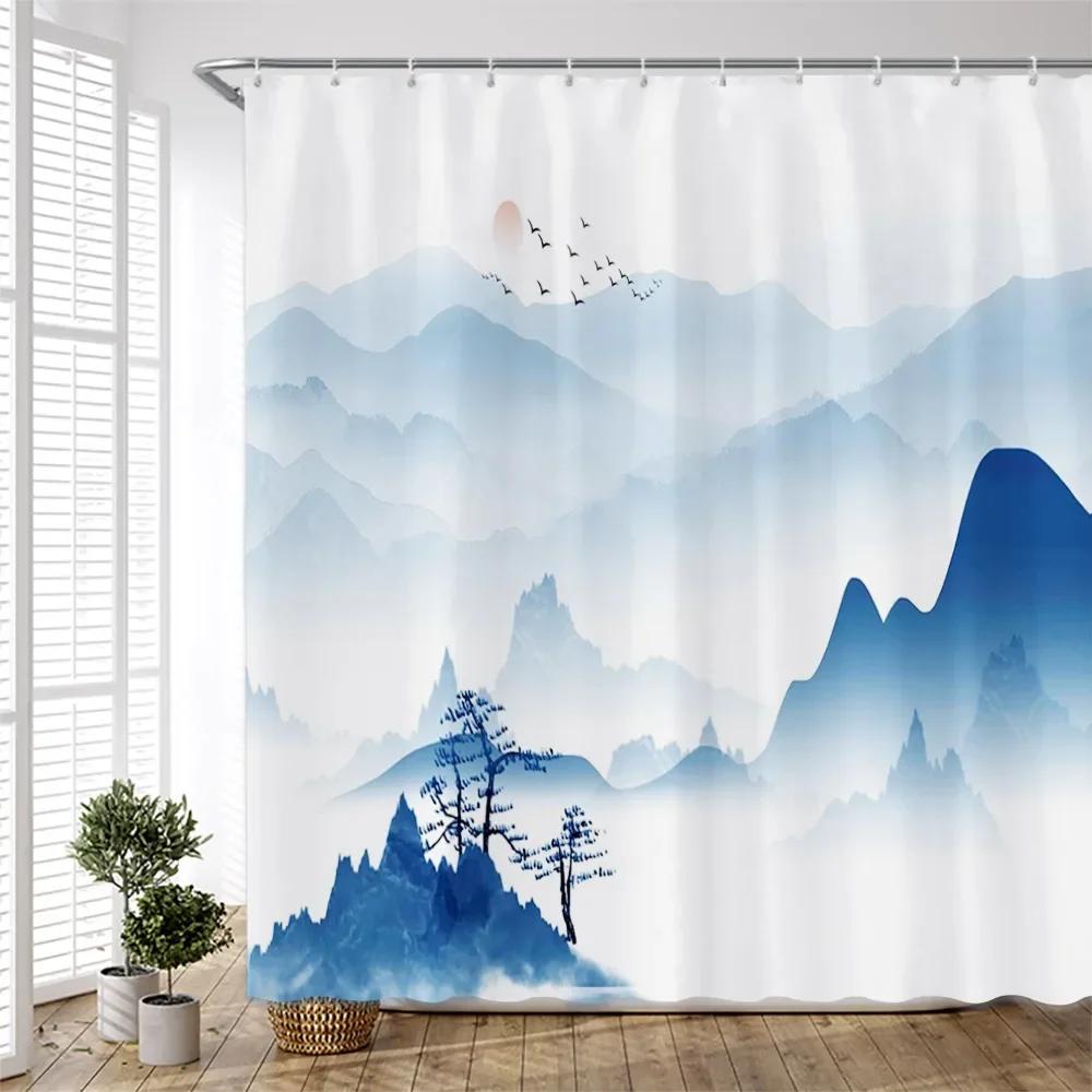 3D Chinese Painting Shower Curtain Aesthetic Abstract Creative Ink Landscape Scenery Bathroom Decor Bath Curtain Set with Hook