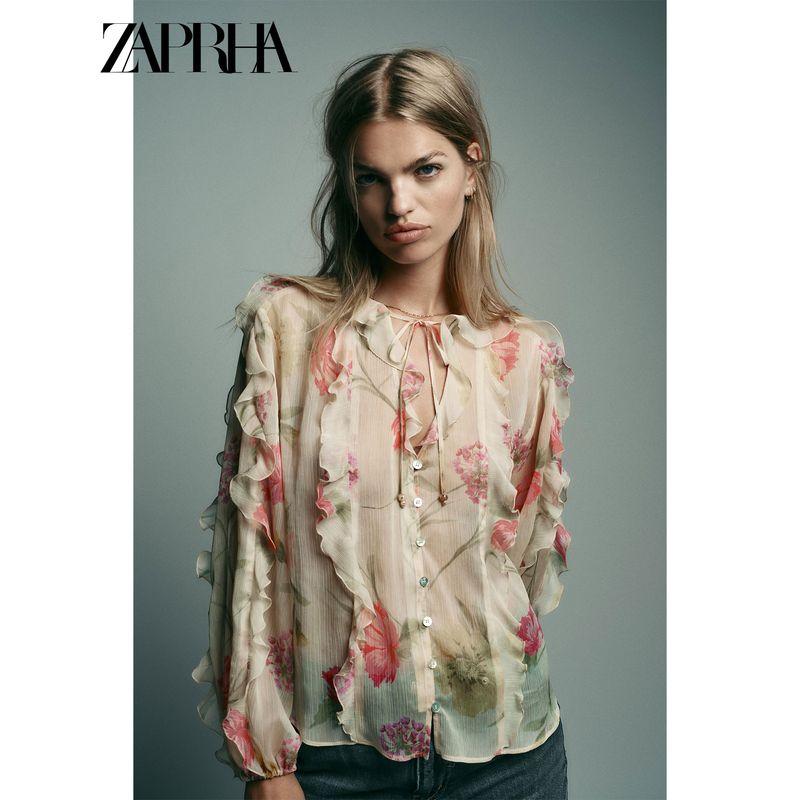 Zaprha 2025 Autumn New Western Style Beautiful Flowers Print Translucent Casual Shirts Women 6852111
