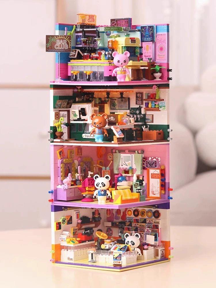 Mini City Street View Coffee Shop Bar Hair Salon Blocks Bricks Creative 3D Puzzle Room Model Toys Friends Children Birthday Gift