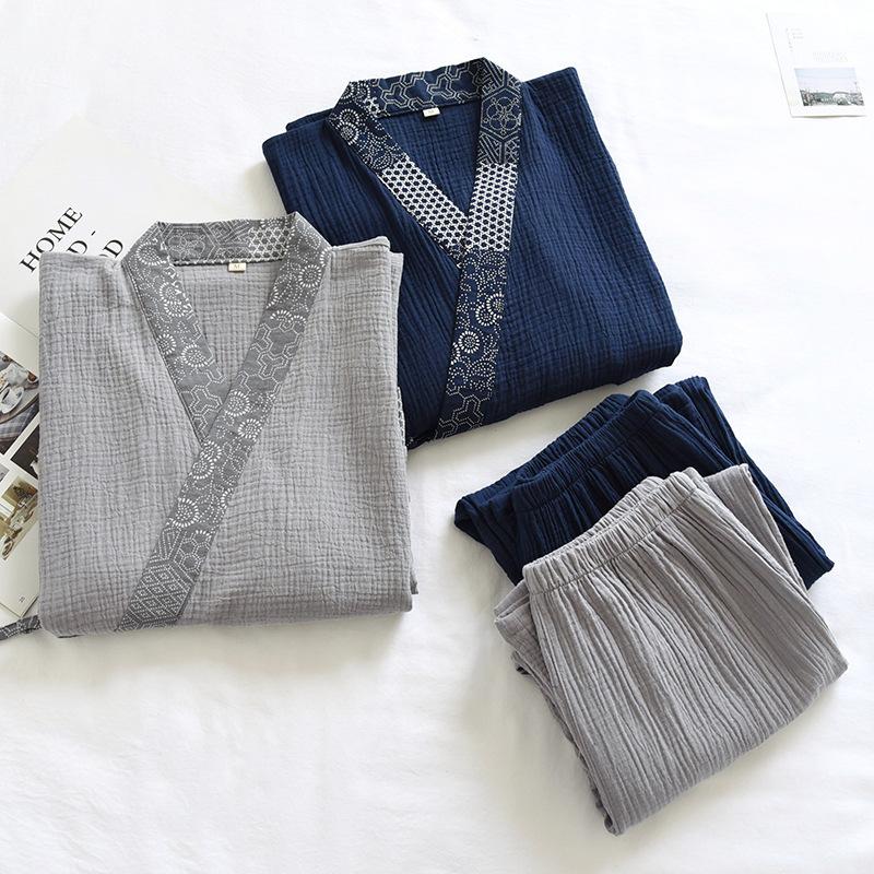 Pure Cotton Mens Pajamas Set Japanese Kimono Plus Size Long Sleeve Pant Suit Casual Comfortable Home Service Two-piece Sleepwear