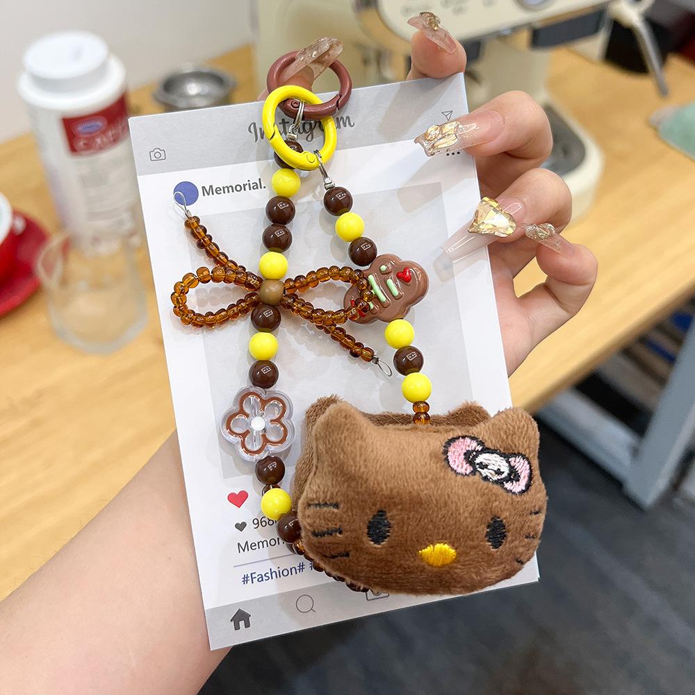Plush KT cat mobile phone chain, colored beaded bag, pendant, keychain, personalized mobile phone lanyard, creative student couple model.